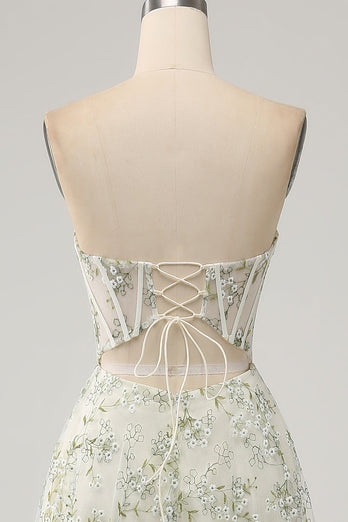 Light Green Floral Corset A-Line Formal Dress with Slit