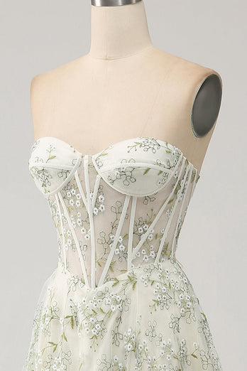 Light Green Floral Corset A-Line Formal Dress with Slit