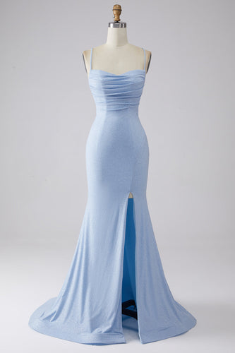 Sparkly Light Blue Ruched Mermaid Formal Dress with Slit