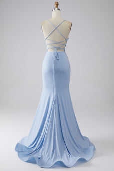 Sparkly Light Blue Ruched Mermaid Formal Dress with Slit
