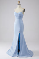 Load image into Gallery viewer, Sparkly Light Blue Ruched Mermaid Formal Dress with Slit