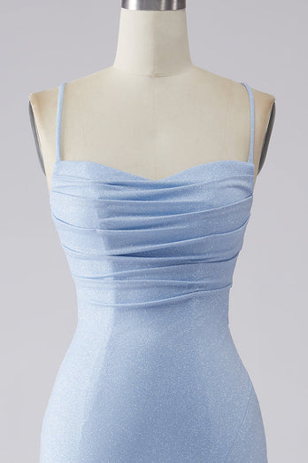 Sparkly Light Blue Ruched Mermaid Formal Dress with Slit