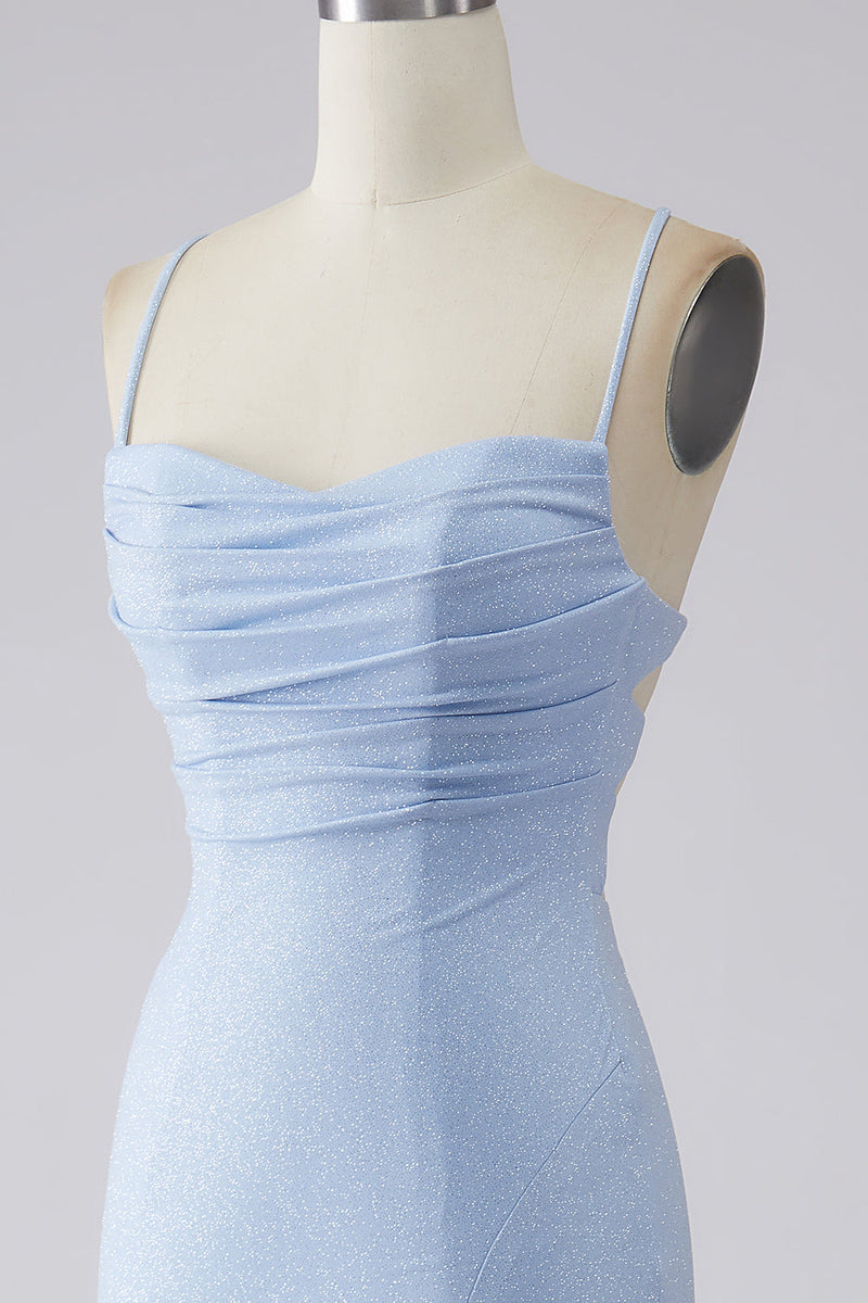 Load image into Gallery viewer, Sparkly Light Blue Ruched Mermaid Formal Dress with Slit
