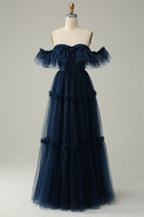 Load image into Gallery viewer, Navy Off the Shoulder A-Line Tulle Ruffled Long Formal Dress