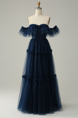 Navy Off the Shoulder A-Line Tulle Ruffled Long Formal Dress