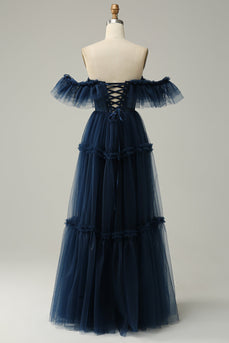 Navy Off the Shoulder A-Line Tulle Ruffled Long Formal Dress