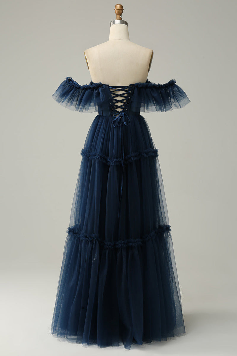 Load image into Gallery viewer, Navy Off the Shoulder A-Line Tulle Ruffled Long Formal Dress
