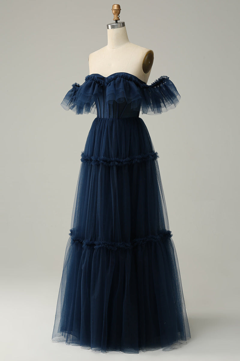 Load image into Gallery viewer, Navy Off the Shoulder A-Line Tulle Ruffled Long Formal Dress
