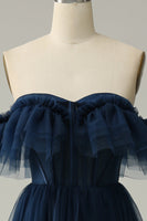 Load image into Gallery viewer, Navy Off the Shoulder A-Line Tulle Ruffled Long Formal Dress