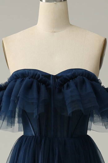 Navy Off the Shoulder A-Line Tulle Ruffled Long Formal Dress
