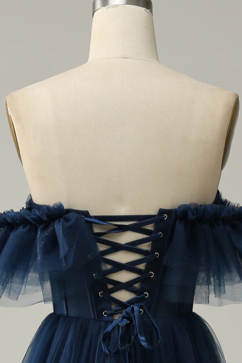 Load image into Gallery viewer, Navy Off the Shoulder A-Line Tulle Ruffled Long Formal Dress