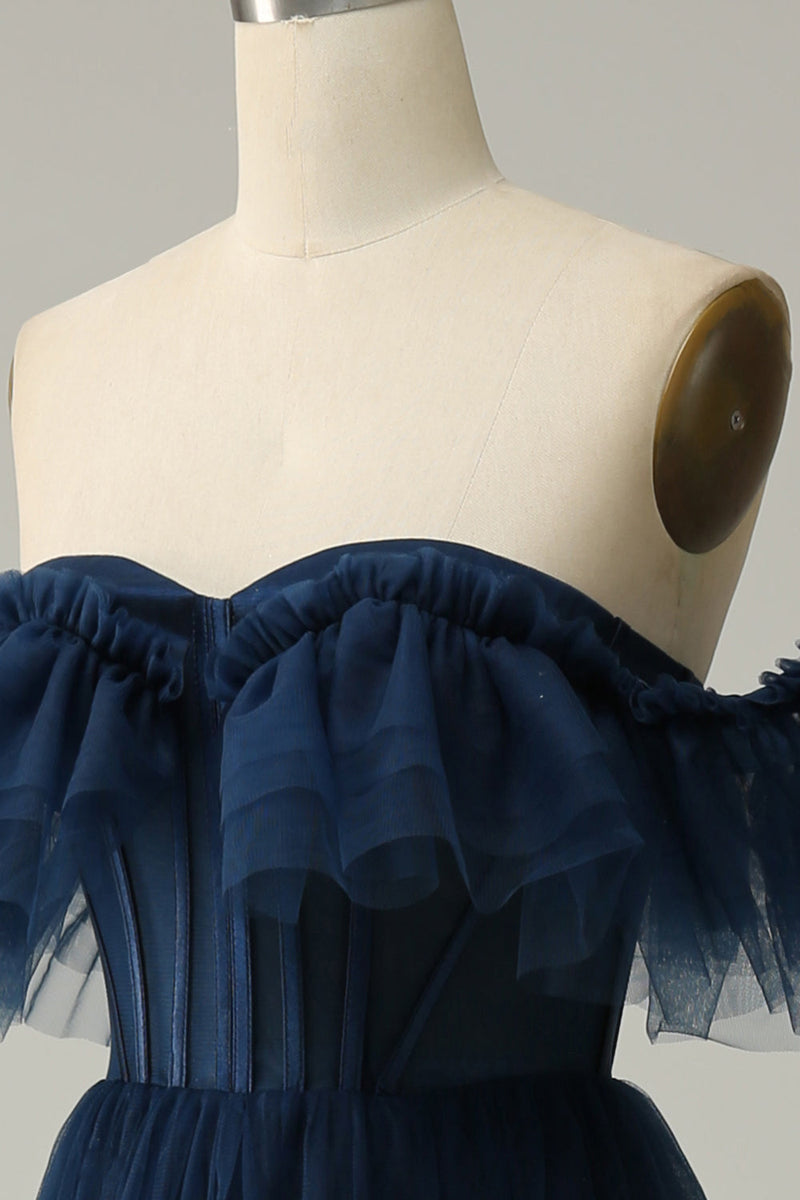 Load image into Gallery viewer, Navy Off the Shoulder A-Line Tulle Ruffled Long Formal Dress
