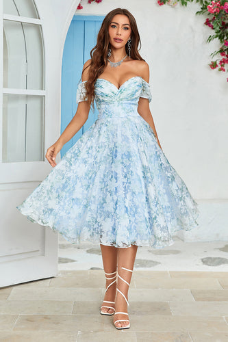 Tulle Off The Shoulder Blue Short Formal Dress