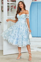 Load image into Gallery viewer, Tulle Off The Shoulder Blue Short Formal Dress