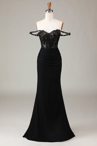 Off the Shoulder Black Sparkly Mermaid Formal Dress