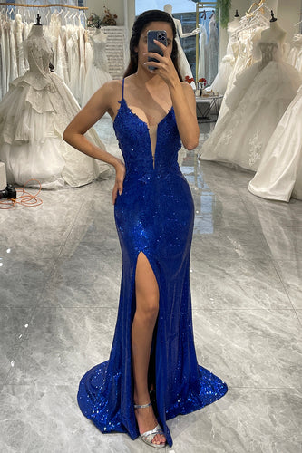Sparkly Royal Blue Mermaid Long Formal Dress With Slit