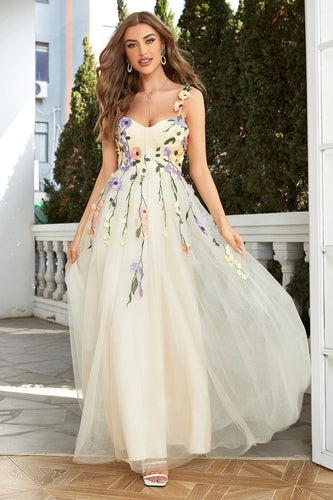 Spaghetti Straps Champagne Long Formal Dress With 3D Flowers