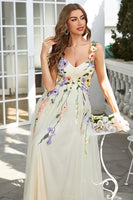 Load image into Gallery viewer, Spaghetti Straps Champagne Long Formal Dress With 3D Flowers