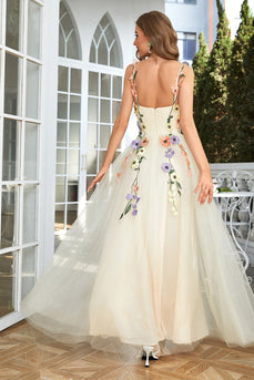 Spaghetti Straps Champagne Long Formal Dress With 3D Flowers