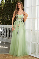 Load image into Gallery viewer, Spaghetti Straps Green Long Formal Dress With 3D Flowers