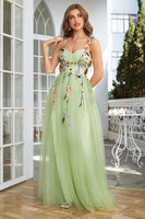 Load image into Gallery viewer, Spaghetti Straps Green Long Formal Dress With 3D Flowers