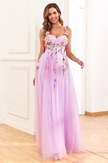 Purple Spaghetti Straps Long Formal Dress With 3D Flowers