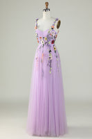 Load image into Gallery viewer, Purple Spaghetti Straps Long Formal Dress With 3D Flowers