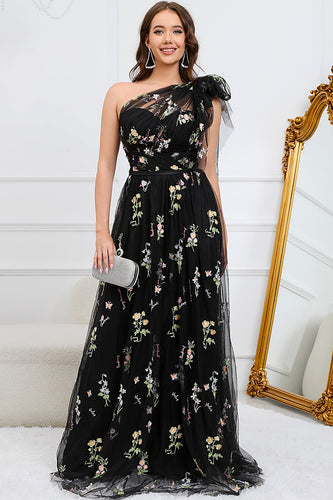 Tulle One Shoulder Black Long Formal Dress with Embroidery
