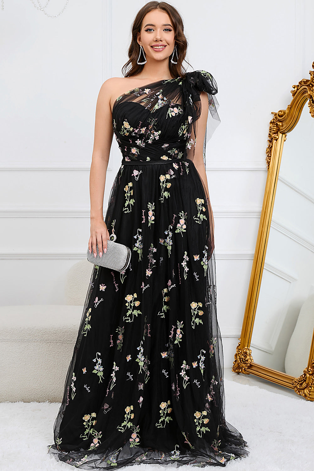 Tulle One Shoulder Black Long Formal Dress with Embroidery