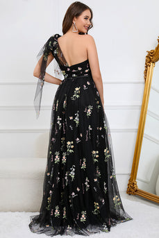 Tulle One Shoulder Black Long Formal Dress with Embroidery