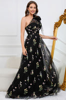 Load image into Gallery viewer, Tulle One Shoulder Black Long Formal Dress with Embroidery