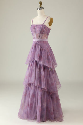 Purple Floral Tulle Ruffled A Line Corset Formal Dress