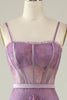 Load image into Gallery viewer, Purple Floral Tulle Ruffled A Line Corset Formal Dress