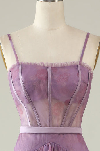 Purple Floral Tulle Ruffled A Line Corset Formal Dress