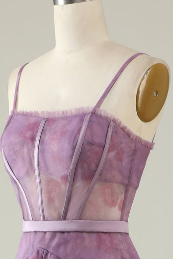 Purple Floral Tulle Ruffled A Line Corset Formal Dress
