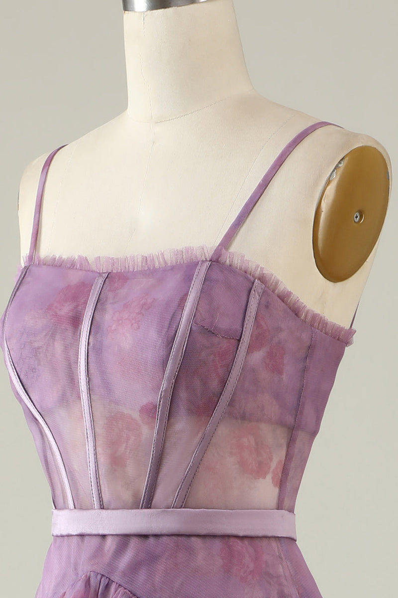 Load image into Gallery viewer, Purple Floral Tulle Ruffled A Line Corset Formal Dress