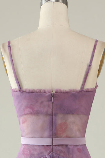 Purple Floral Tulle Ruffled A Line Corset Formal Dress