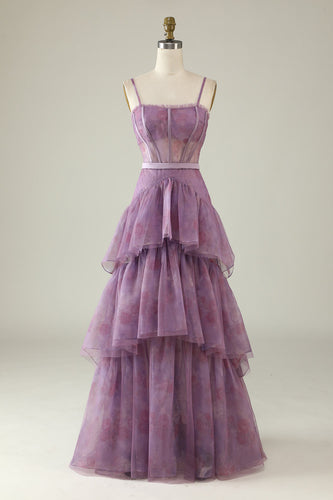 Purple Floral Tulle Ruffled A Line Corset Formal Dress