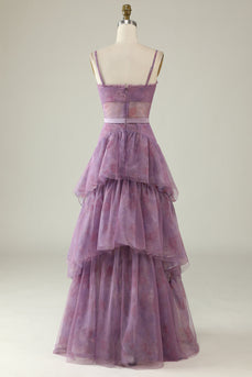 Purple Floral Tulle Ruffled A Line Corset Formal Dress