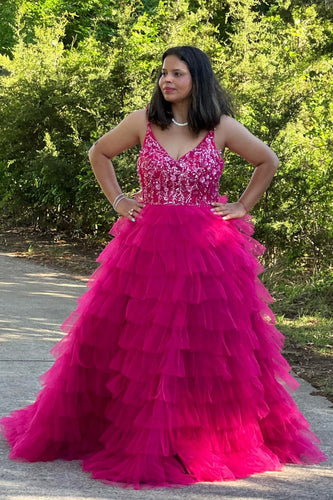 Fuchsia Princess A-Line Spaghetti Straps Sequin Tiered Long Formal Dress with Slit