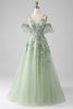 Load image into Gallery viewer, Sage A-Line Long Tulle Corset Formal Dress with Detachable Sleeves
