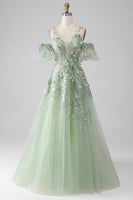 Load image into Gallery viewer, Sage A-Line Long Tulle Corset Formal Dress with Detachable Sleeves