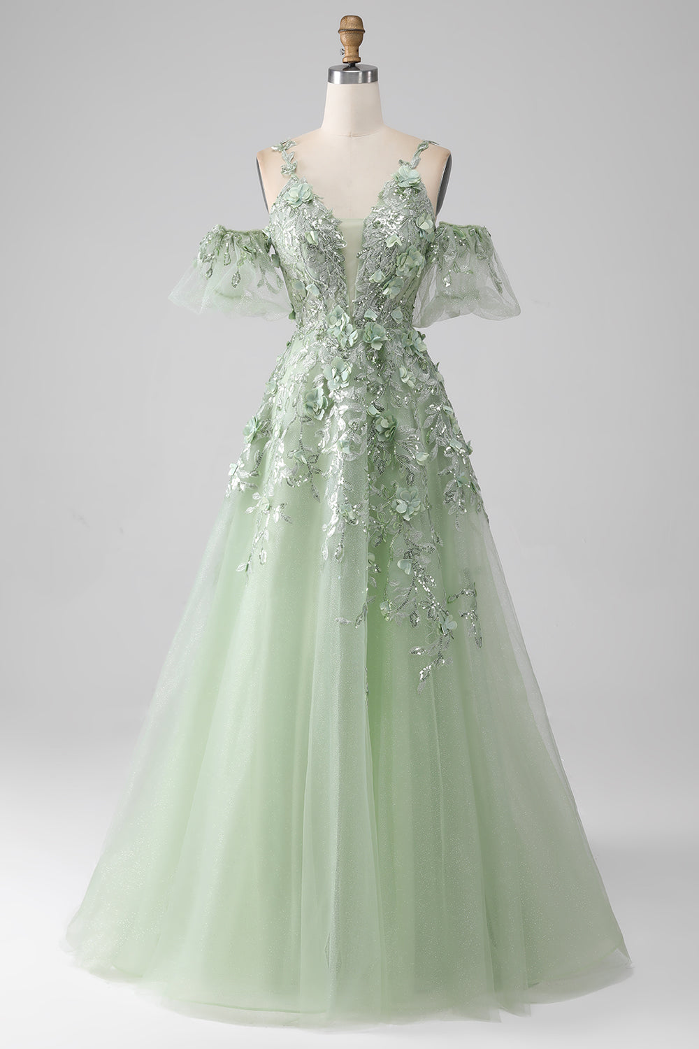 Sage A-Line Long Tulle Corset Formal Dress with Detachable Sleeves