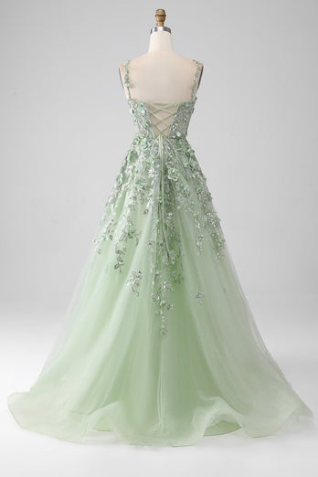 Sage A-Line Long Tulle Corset Formal Dress with Detachable Sleeves