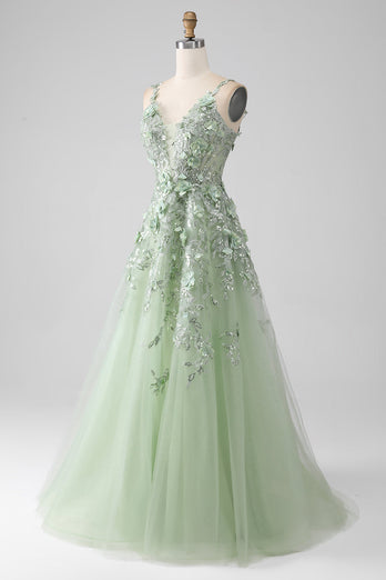 Sage A-Line Long Tulle Corset Formal Dress with Detachable Sleeves