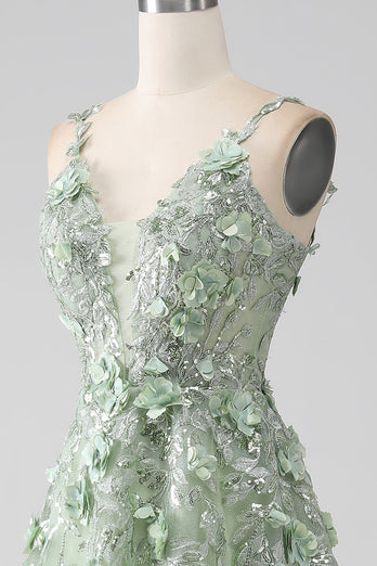 Sage A-Line Long Tulle Corset Formal Dress with Detachable Sleeves