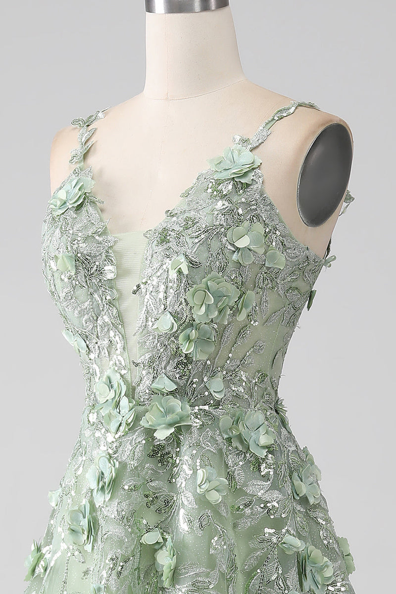 Load image into Gallery viewer, Sage A-Line Long Tulle Corset Formal Dress with Detachable Sleeves
