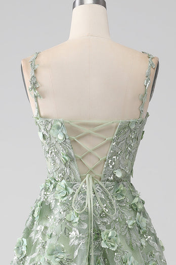 Sage A-Line Long Tulle Corset Formal Dress with Detachable Sleeves