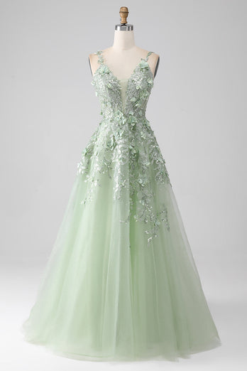 Sage A-Line Long Tulle Corset Formal Dress with Detachable Sleeves