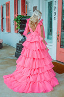 Load image into Gallery viewer, Fuchsia A Line V Neck Long Tiered Formal Dress